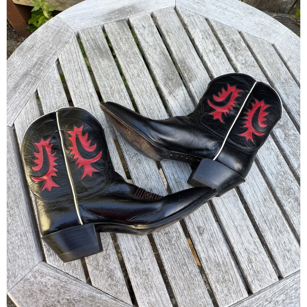 Vintage Justin Cowboy Boots Womens 7.5B Black Red Inlay Leather USA 2021 Western